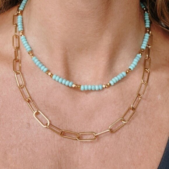 Turquoise BUNDLE WATERPROOF Gold Chunky Chain & Turquoise Beaded Necklace PRETTY - Picture 1 of 10